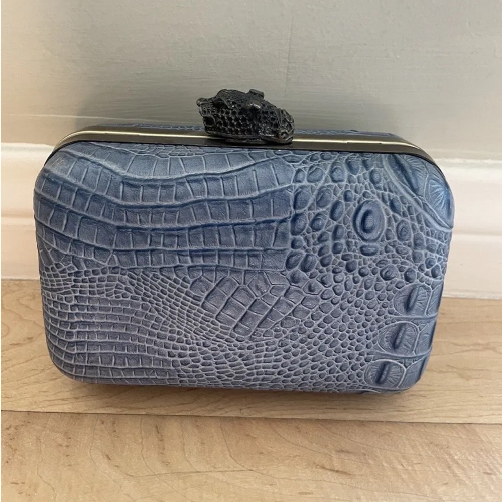 House of Harlow 1960 Blue Croc-Embossed Hardcase Clutch with Crystal Clasp